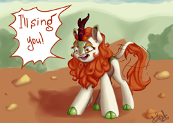 Size: 2000x1424 | Tagged: safe, artist:tersisa, autumn blaze, kirin, g4, cloven hooves, exclamation point, female, mare, open mouth, rock, solo, speech bubble, teeth