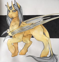 Size: 1014x1080 | Tagged: safe, artist:chiffir, oc, oc only, oc:dragni, pony, bat wings, fangs, horns, leonine tail, raised hoof, simple background, solo, tail, traditional art, unamused, wings