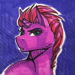 Size: 604x604 | Tagged: safe, artist:chiffir, tempest shadow, pony, g4, my little pony: the movie, broken horn, horn, looking at you, purple background, simple background, solo, traditional art, turned head