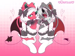 Size: 2732x2069 | Tagged: safe, artist:dorisss, oc, oc only, original species, pony, succubus, succubus pony, apron, bat wings, blushing, bow, clothes, devil tail, ear fluff, ear piercing, earring, fangs, female, hair bow, heart, high res, horns, jewelry, looking at you, maid, mare, piercing, smiling, socks, stockings, succubus oc, tail, thigh highs, wings