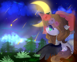 Size: 992x806 | Tagged: safe, artist:magicangelstarartist, oc, oc only, oc:black wings, pony, crescent moon, female, forest background, mare, moon, shooting star, solo