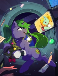 Size: 1280x1688 | Tagged: safe, artist:hakkids2, oc, oc only, pony, unicorn, christmas, christmas ball, christmas tree, clothes, display, drink, earth, eyes closed, female, floating, gloves, holiday, horn, paint, pen, planet, screen, smiling, space, space station, tree, unicorn oc, zero gravity