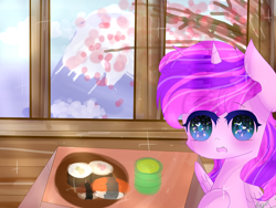 Size: 1024x768 | Tagged: safe, artist:magicangelstarartist, oc, oc only, alicorn, pony, female, food, mare, mountain, solo, table, window