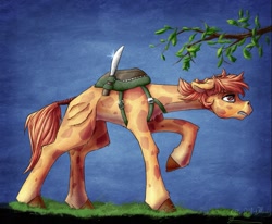 Size: 1389x1142 | Tagged: safe, artist:thatonegib, oc, oc only, giraffe, backpack, knife, long neck, looking up, solo, tree branch