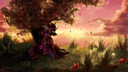 Size: 1920x1080 | Tagged: safe, artist:thatonegib, oc, oc only, changeling, changeling oc, commission, insect wings, looking at each other, looking at someone, membranous wings, purple changeling, scenery, smiling, solo, sunset, tree, under the tree, wings, ych result
