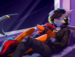 Size: 1280x971 | Tagged: safe, artist:hakkids2, oc, oc:winged whisper, pegasus, shark, anthro, plantigrade anthro, bed, clothes, cuddling, female, jacket, lying down, male, pants, pegasus oc, shooting star, sleeping, snuggling, space, space station