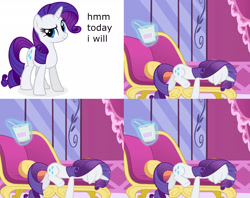 Size: 2514x1988 | Tagged: safe, rarity, pony, unicorn, g4, 4 panel comic, comic, fainting couch, food, ice cream, marshmelodrama, meme, rarity being rarity, solo