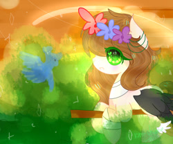 Size: 979x816 | Tagged: safe, artist:magicangelstarartist, oc, oc only, oc:black wings, bird, blurry background, floral head wreath, flower, side view, solo, sunset