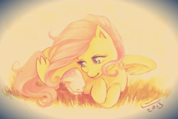 Size: 1280x856 | Tagged: safe, artist:linnpuzzle, fluttershy, pegasus, pony, rabbit, g4, 2013, animal, covering, cute, female, mare, shyabetes, wing covering, wings