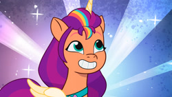 Size: 3072x1727 | Tagged: safe, screencap, sunny starscout, alicorn, pony, g5, mission imponable, my little pony: tell your tale, spoiler:g5, spoiler:my little pony: tell your tale, spoiler:tyts01e49, female, grin, mane stripe sunny, mare, race swap, smiling, solo, sunnycorn