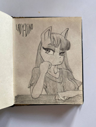 Size: 960x1280 | Tagged: safe, artist:ladysdino, maud pie, earth pony, anthro, g4, photo, sitting, sketch, sketchbook, solo