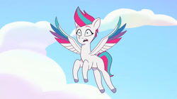 Size: 3072x1727 | Tagged: safe, screencap, zipp storm, pegasus, pony, g5, mission imponable, my little pony: tell your tale, spoiler:g5, spoiler:my little pony: tell your tale, female, flying, mare, open mouth, solo, spread wings, wings