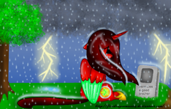 Size: 723x459 | Tagged: safe, artist:firedragonmoon15, oc, oc:phoenix scarletruby, alicorn, pony, brown mane, colored wings, crying, gravestone, lightning, lowres, mint wings, rain, red wings, sitting, tree, two toned wings, wings