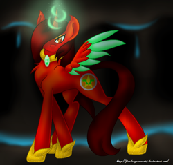 Size: 970x928 | Tagged: safe, artist:firedragonmoon15, oc, oc:phoenix scarletruby, alicorn, pony, blurry background, brown mane, cave, colored wings, glowing, glowing horn, hoof shoes, horn, looking at you, mint wings, no mouth, red wings, serious, serious face, spread wings, two toned wings, wings