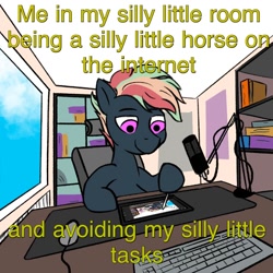 Size: 1000x1000 | Tagged: safe, artist:single purpose, oc, oc only, oc:treading step, pegasus, pony, book, bookshelf, cloud, computer mouse, drawing, drawing tablet, droste effect, keyboard, male, microphone, recursion, solo, stallion, window