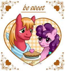 Size: 735x800 | Tagged: safe, artist:facja, big macintosh, sugar belle, earth pony, pony, g4, blushing, food, holiday, pie, valentine's day