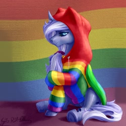 Size: 1257x1259 | Tagged: safe, artist:thatonegib, oc, oc only, changeling, clothes, collar, commission, hoodie, looking at you, pride flag, shy, sitting, smiling, solo, ych result