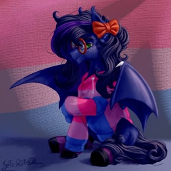 Size: 1257x1259 | Tagged: safe, artist:thatonegib, oc, oc only, oc:shadow twinkle, bat pony, bat pony oc, bisexual pride flag, bow, clothes, commission, glasses, hair bow, hoodie, looking at you, pride, pride flag, shy, sitting, smiling, socks, solo, unshorn fetlocks, ych result
