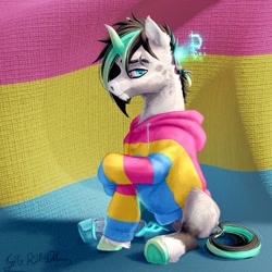 Size: 1257x1259 | Tagged: safe, artist:thatonegib, oc, oc only, amputee, clothes, commission, hoodie, horn, looking at you, multicolored hair, pansexual pride flag, pride, pride flag, prosthetic leg, prosthetic limb, prosthetics, scar, shy, sitting, smiling, solo, unshorn fetlocks, ych result