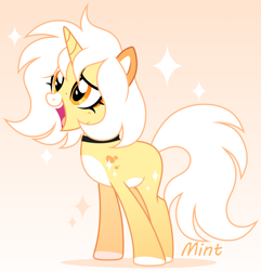 Size: 2180x2260 | Tagged: safe, artist:mint-light, oc, oc only, pony, unicorn, female, gradient background, high res, horn, looking to the left, open mouth, open smile, signature, smiling, solo, unicorn oc