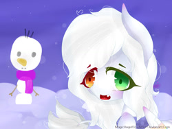 Size: 1024x768 | Tagged: safe, artist:magicangelstarartist, oc, oc only, pegasus, pony, colored wings, heterochromia, multicolored wings, simple background, snow, snowman, solo, wings
