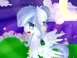 Size: 1024x768 | Tagged: safe, artist:magicangelstarartist, oc, oc only, pegasus, pony, crescent moon, female, flower, mare, moon, multicolored hair, night, side view, solo