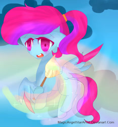 Size: 863x926 | Tagged: safe, artist:magicangelstarartist, oc, oc only, pegasus, pony, female, flying, mare, multicolored hair, paintbrush, simple background, solo