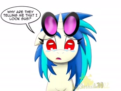 Size: 2732x2048 | Tagged: safe, artist:lordshrekzilla20, dj pon-3, vinyl scratch, pony, unicorn, g4, amogus eyes, among us, crying, female, high res, looking at you, mare, meme, simple background, solo, speech bubble, sunglasses, sus (among us), white background