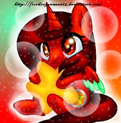 Size: 400x408 | Tagged: safe, artist:firedragonmoon15, oc, oc:phoenix scarletruby, alicorn, pony, brown mane, brown tail, bubble, chibi, colored wings, gradient background, lowres, mint wings, plushie, red coat, red wings, sitting, smiling, solo, star plushie, starry eyes, stars, tail, two toned wings, wingding eyes, wings