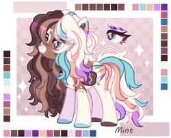 Size: 2554x2051 | Tagged: safe, artist:mint-light, oc, oc only, pegasus, pony, checkered background, female, high res, looking to the left, multicolored coat, multicolored hair, multicolored mane, palette, pegasus oc, signature, solo