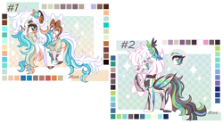 Size: 2572x1424 | Tagged: safe, artist:mint-light, oc, oc only, bat pony, pegasus, pony, bat pony oc, checkered background, duo, female, looking at you, multicolored coat, multicolored hair, multicolored mane, open mouth, open smile, pegasus oc, signature, smiling