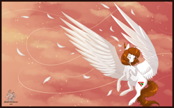 Size: 2436x1512 | Tagged: safe, artist:samadriel, oc, pegasus, pony, cloud, eyes closed, feather, female oc, flying, large wings, pegasus oc, sky, solo, wind, wings