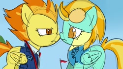 Size: 1920x1080 | Tagged: safe, artist:omelettepony, lightning dust, spitfire, pegasus, pony, g4, boop, clothes, duo, female, folded wings, goggles, mare, noseboop, screenshot redraw, scrunchy face, uniform, wings, wonderbolt trainee uniform, wonderbolts dress uniform