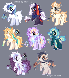 Size: 3336x3738 | Tagged: safe, artist:mint-light, oc, oc only, earth pony, pegasus, pony, unicorn, adoptable, clothes, ear piercing, earring, earth pony oc, eye clipping through hair, female, high res, horn, jewelry, looking at you, multicolored coat, multicolored hair, multicolored mane, pegasus oc, piercing, scarf, signature, smiling, unicorn oc