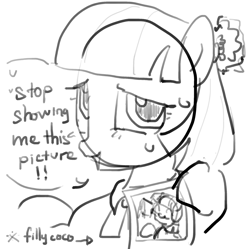 Size: 2058x2048 | Tagged: safe, artist:omelettepony, coco pommel, earth pony, pony, g4, dialogue, embarrassed, female, filly, filly coco pommel, foal, high res, mare, monochrome, mouth hold, picture, solo