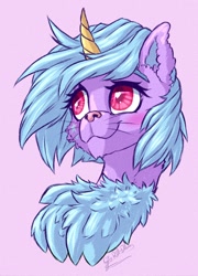 Size: 720x998 | Tagged: safe, artist:thatonegib, oc, oc only, chest fluff, ear fluff, horn, looking up, raffle prize, smiling, solo