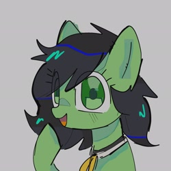 Size: 2048x2048 | Tagged: safe, artist:omelettepony, oc, oc only, oc:filly anon, earth pony, pony, eye clipping through hair, female, filly, foal, gray background, high res, looking at you, necktie, open mouth, raised hoof, simple background, solo