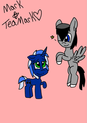 Size: 679x960 | Tagged: safe, oc, oc only, oc:chopsticks, pegasus, pony, unicorn, duo, female, flying, hat, heart, male, mare, oc x oc, one eye closed, shipping, simple background, stallion, text, wink