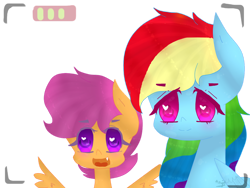 Size: 1024x768 | Tagged: safe, artist:magicangelstarartist, rainbow dash, scootaloo, pegasus, pony, g4, bust, camera shot, duo, female, filly, foal, mare, simple background, transparent background