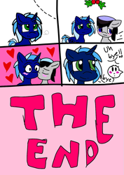 Size: 679x960 | Tagged: safe, oc, oc only, oc:chopsticks, pegasus, pony, unicorn, cheek kiss, comic, duo, female, heart, holly, holly mistaken for mistletoe, kissing, male, mare, oc x oc, shipping, stallion, straight, text