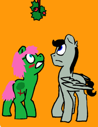 Size: 700x900 | Tagged: safe, oc, oc only, oc:chopsticks, earth pony, pegasus, pony, base used, blushing, duo, female, gritted teeth, holly, holly mistaken for mistletoe, looking up, male, mare, oc x oc, orange background, shipping, simple background, stallion, straight, teeth