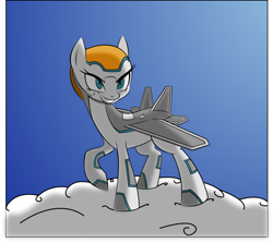 Size: 2063x1841 | Tagged: artist needed, safe, oc, oc only, unnamed oc, original species, plane pony, blue eyes, cloud, determined look, eyelashes, f-22 raptor, female, gradient background, grin, jet, jet fighter, jet plane, looking at something, mare, on a cloud, plane, simple background, smiling, solo