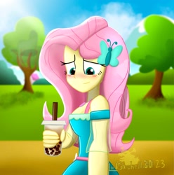 Size: 2033x2048 | Tagged: safe, artist:lordshrekzilla20, fluttershy, human, equestria girls, g4, blushing, breasts, bubble tea, busty fluttershy, butterfly hairpin, clothes, dress, drinking straw, female, geode of fauna, hairpin, high res, holiday, magical geodes, offscreen character, outdoors, pov, smiling, solo, tree, valentine's day