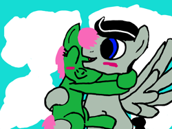 Size: 906x680 | Tagged: safe, oc, oc only, oc:chopsticks, earth pony, pegasus, pony, base used, blushing, cloud, duo, female, hug, male, mare, oc x oc, shipping, stallion