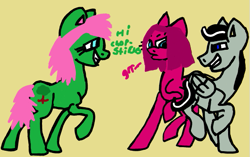 Size: 559x350 | Tagged: safe, pinkie pie, oc, oc only, oc:chopsticks, earth pony, pegasus, pony, g4, base used, canon x oc, dialogue, duo, female, growling, love triangle, male, mare, pinkamena diane pie, raised leg, shipping, shipping denied, simple background, stallion, text