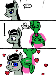 Size: 720x952 | Tagged: safe, oc, oc only, oc:chopsticks, pegasus, pony, ..., base used, comic, dialogue, duo, exclamation point, female, heart, kissing, male, mare, oc x oc, shipping, stallion, surprise kiss, upside down