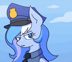 Size: 1280x1096 | Tagged: safe, artist:nova rain, oc, oc only, oc:falling skies, pegasus, pony, animated, baton, bust, clothes, commission, eye clipping through hair, eyebrows, eyebrows visible through hair, female, freckles, judging you, looking over sunglasses, mare, police hat, police officer, police uniform, raised eyebrow, simple background, solo, sunglasses, threatening, tonfa, uniform