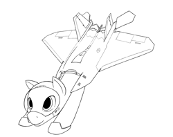 Size: 2085x1654 | Tagged: artist needed, safe, oc, oc only, unnamed oc, original species, pony, f-22 raptor, flying, hoof shoes, jet, jet fighter, jet plane, looking up, male, monochrome, outlines only, simple background, smiling, solo, stallion, visor, white background