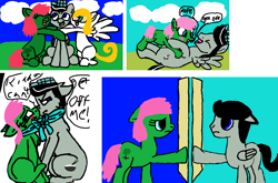 Size: 1086x717 | Tagged: safe, oc, oc only, oc:chopsticks, earth pony, pegasus, pony, base used, boop, collage, duo, eyes closed, female, hat, hug, lying down, lying on top of someone, male, mare, no tail, noseboop, oc x oc, shipping, sitting, stallion, wingless