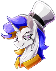 Size: 1024x1306 | Tagged: safe, artist:thatonegib, oc, oc only, pony, unicorn, bust, eyebrows, hat, looking at you, monocle, portrait, raised eyebrow, smiling, solo